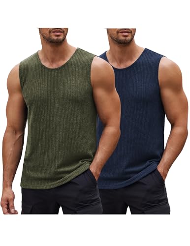 COOFANDY Tank Tops Ärmellose Lässige Sommer Strand Tank Shirts Herren 2 Pack Rippenstrick 2 Stück Marine/Armee Grün M von COOFANDY