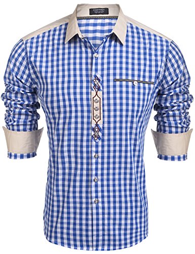 COOFANDY Hemd Herren Trachtenhemd Kariert Hemd Oktoberfest Langarm Karohemden Freizeithemd Karohemden Cargo Hemd mit Baumwolle Slim fit für Männer blau S von COOFANDY