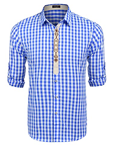 COOFANDY Trachtenhemd Herren Hemd Langarm Regular Fit Oktoberfest Karriert Hemd Karohemden Männer Freizeithemden Plaid Shirt Festhemd Blau L von COOFANDY