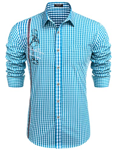 COOFANDY Trachtenhemd Herren Langarm Slim Fit Kariert Modern Outfit Oktoberfesthemd Trachten Hemden für Männer Blau XXL von COOFANDY