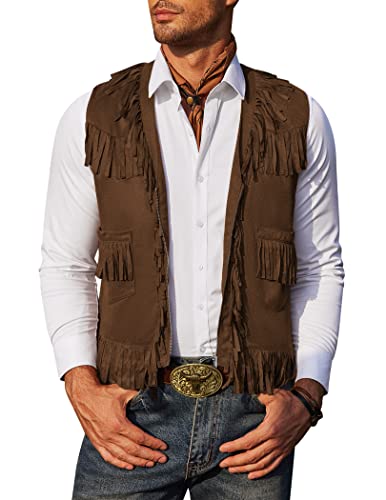 COOFANDY Western-Cowboy-Weste, Herren, lässig, Fransen, Hippie-Kostüm, V-Ausschnitt, Reißverschluss, Wildleder - Braun - Groß von COOFANDY