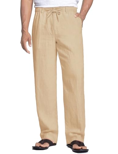 Coofandy Herren Casual Leinenhose Elastische Taille Kordelzug Baumwolle Hose, Light Coffe, Groß von COOFANDY