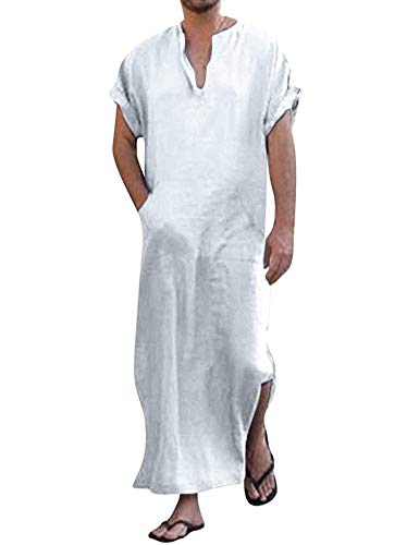 Herren Schlafanzug Nachthemd Kurzarm Leinen Robe Baumwolle mit Taschen Kaftan für Herren Weiß XL von COOFANDY