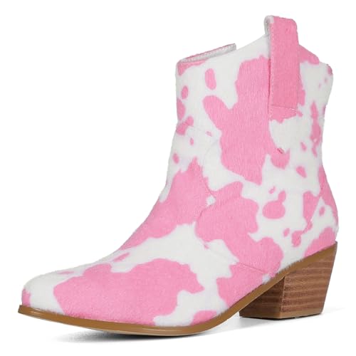 COOLCEPT Damen Western Cowboy Stiefel Cow Print Knöchel Stiefel Chunky Heel Cow Stiefel Pointed Toe Anke Western Stiefel Reißverschluss Pink Große 38 von COOLCEPT