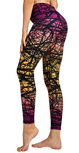 COOLOMG Damen Sport Leggings Laufhose mit Taschen Yogahose Kompressionshose Gemustert Zweig_orange S von COOLOMG