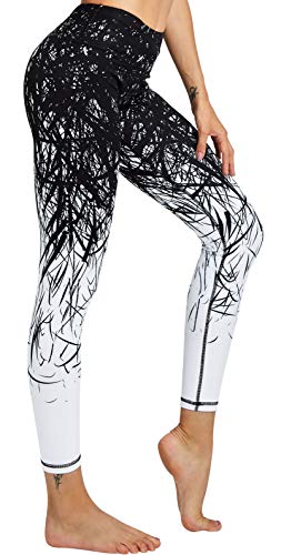 COOLOMG Damen Sport Leggings Laufhose mit Taschen Yogahose Kompressionshose Gemustert Zweig_schwarz M von COOLOMG