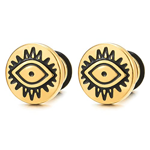 10MM Herren Damen Edelstahl Bösen Blick Goldfarben Kreis Ohrringe Ohrstecker Schwarzer Emaille, Schraube Wieder, 1 Paar von COOLSTEELANDBEYOND