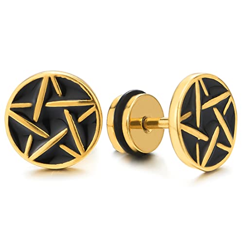 10MM Herren Damen Gold Edelstahl Stern Pentagramm Kreis Ohrringe Ohrstecker mit Schwarz Emaille, Schraube Wieder, 1 Paar von COOLSTEELANDBEYOND