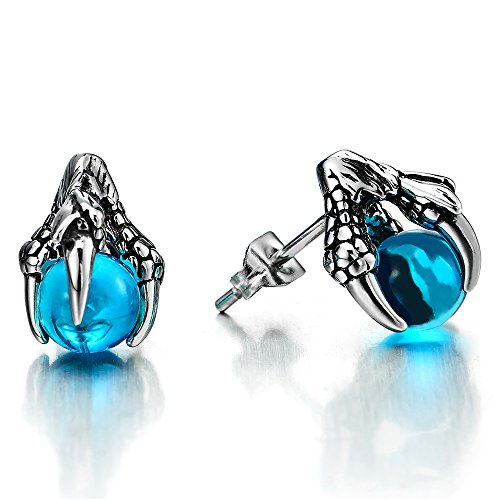 2 Edelstahl Herren Jungen Adlergreifer Drachenklaue Ohrstecker mit 6MM Blau Kristall Ball, Gestüt Ohrringe Ohrschmuck von COOLSTEELANDBEYOND