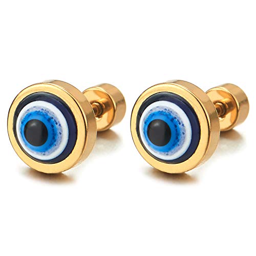 2 Herren Damen Gold Edelstahl Bösen Blick Kreis Ohrringe Ohrstecker mit Blau Harz, Schraube Wieder von COOLSTEELANDBEYOND