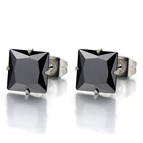 8MM Schwarz Quadrat Zirkonia, Ohr-Stecker Gestüt Ohrringe für Herren Damen, Edelstahl 2 Stück von COOLSTEELANDBEYOND