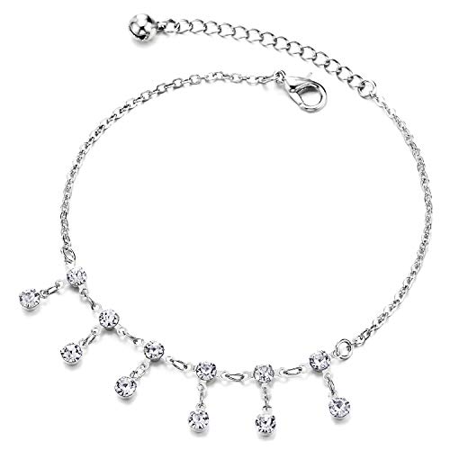 COOLSTEELANDBEYOND Damen Gliederkette Fußkette Fußkettchen mit Charms, Solitaire Zirkonia Kreis Quaste und Klingglöckchen von COOLSTEELANDBEYOND