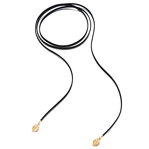 COOLSTEELANDBEYOND Damen Schwarz Wickeln Choker Halskette mit Gold Blatt Anhänger, Bolo Tie, Krawatte, Lariat Lange Y Halskette von COOLSTEELANDBEYOND