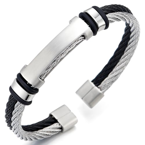 COOLSTEELANDBEYOND Doppel Verdrillten Draht Silber Schwarz, Herren Edelstahl Manschette Armreif ID Identifikations Armband, Verstellbare von COOLSTEELANDBEYOND