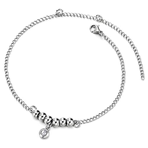 COOLSTEELANDBEYOND Edelstahl Damen-Fußkette Fußkettchen mit Wulst Schnur, Baumelnde Kreis Charms mit Solitaire Zirkonia von COOLSTEELANDBEYOND