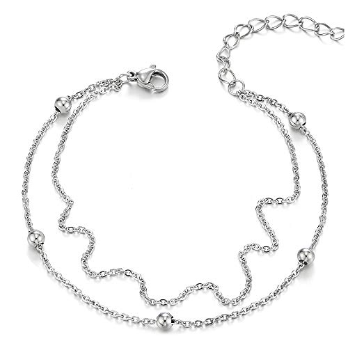 COOLSTEELANDBEYOND Edelstahl Damen Zweireihige Gliederkette Fußkette Fußkettchen mit Kugel Charms, Verstellbare von COOLSTEELANDBEYOND