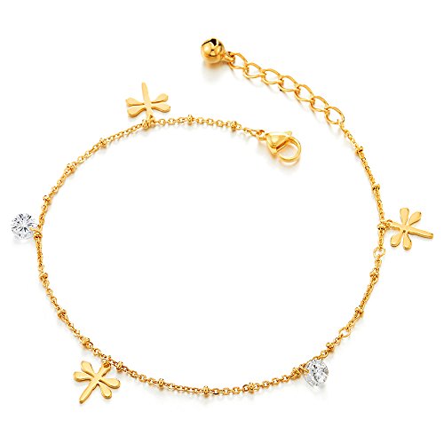 COOLSTEELANDBEYOND Edelstahl Goldfarben Damen-Fußkette Fußkettchen mit Libellen Charms, Zirkonia und Klingglöckchen von COOLSTEELANDBEYOND