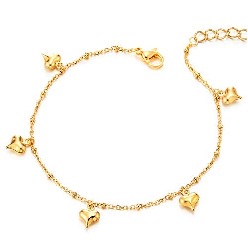 COOLSTEELANDBEYOND Edelstahl Goldfarben Damen Gliederkette Fußkette Fußkettchen mit Baumelnde Puff Herz und Klingglöckchen Charms von COOLSTEELANDBEYOND