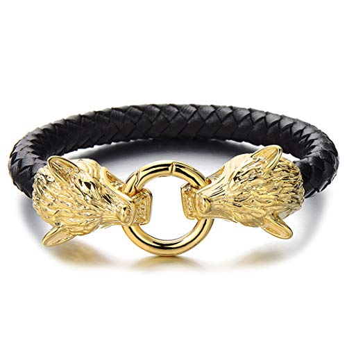 COOLSTEELANDBEYOND Edelstahl Herren Gold Wolfskopf Armband Geflochtenes Leder-Armreif aus Schwarz Echtem Leder von COOLSTEELANDBEYOND