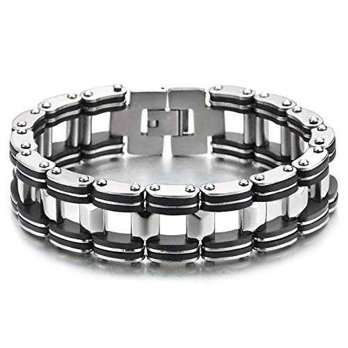 COOLSTEELANDBEYOND Edelstahl Herren Große Silber Motorradkette Armband Fahrradkette Eingebettet mit Schwarz PU Gummi Hochglanz Poliert von COOLSTEELANDBEYOND