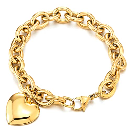 COOLSTEELANDBEYOND Gold Farbe Rolo Kette Charm-Armband, Gliederarmband Edelstahlarmband mit Puff Herz, Poliert von COOLSTEELANDBEYOND