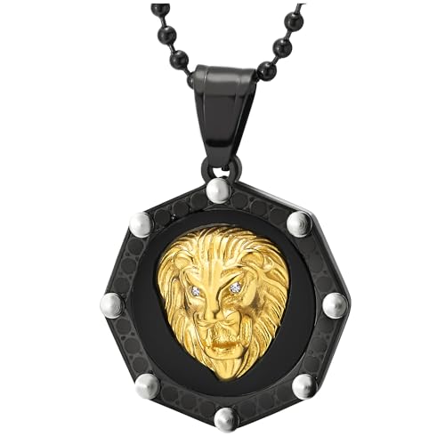 COOLSTEELANDBEYOND Gold Schwarz Löwenkopf Medaille Anhänger mit Zirkonia und Schwarz Onyx, Herren Edelstahl Halskette von COOLSTEELANDBEYOND