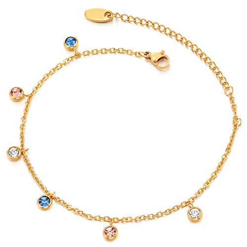 COOLSTEELANDBEYOND Goldfarben Edelstahl Damen-Fußkette Fuß Baumelnde Kreis Charms von Solitaire Bunte Zirkonia von COOLSTEELANDBEYOND