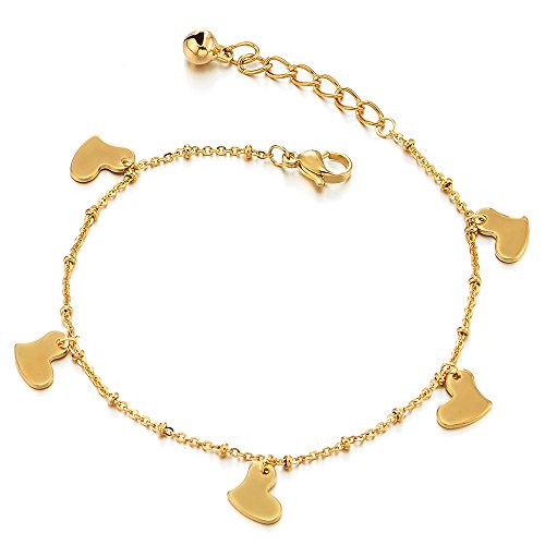 COOLSTEELANDBEYOND Goldfarben Edelstahl Damen-Fußkette Fußkettchen mit Herz Charms und Klingglöckchen von COOLSTEELANDBEYOND