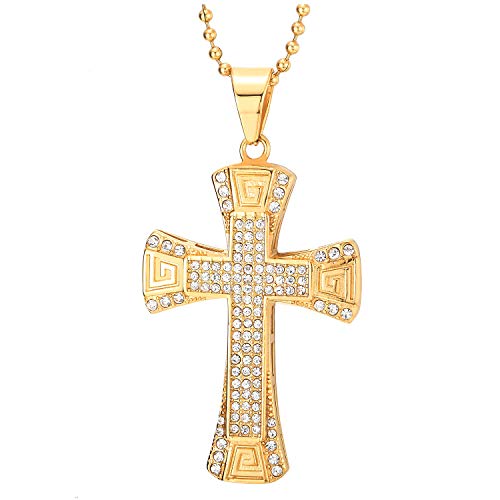 COOLSTEELANDBEYOND Goldfarben Kreuz Anhänger mit Zirkonia Griechischen Schlüsselmuster, Herren Damen Edelstahl Halskette, 75cm Kugelkette von COOLSTEELANDBEYOND