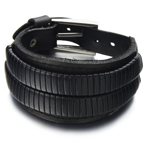 COOLSTEELANDBEYOND Handarbeit Leder-Armband für Herren Schwarze Echtes Leder Schweißband Große Doppelstrang Leder Armreif von COOLSTEELANDBEYOND