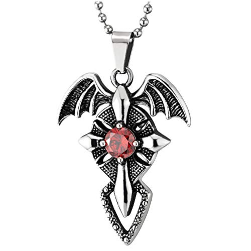 COOLSTEELANDBEYOND Herren Damen Edelstahl Vintage Fledermaus Flügel Spike Kreuz Halskette Anhänger mit Rot Zirkonia, 75cm Stahl Kugelkette von COOLSTEELANDBEYOND