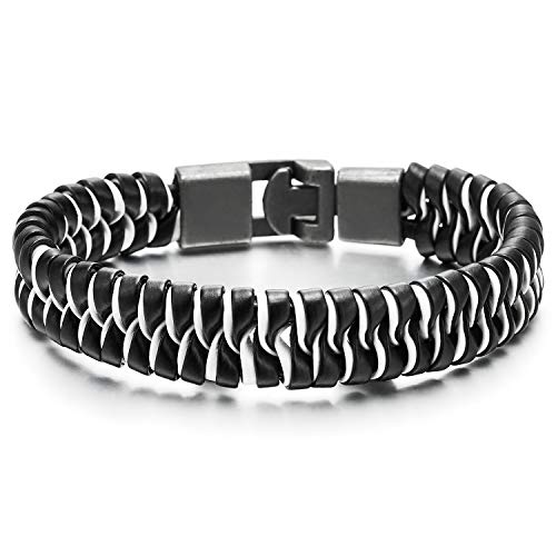 COOLSTEELANDBEYOND Herren Damen Schwarz Weiß Geflochtene Leder Armband Schweißband mit Hakenverschluss von COOLSTEELANDBEYOND