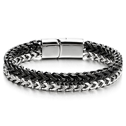 COOLSTEELANDBEYOND Herren Edelstahl Zweireihige Silber Schwarz Platz Panzerkette Franco Chain Armband, Poliert von COOLSTEELANDBEYOND