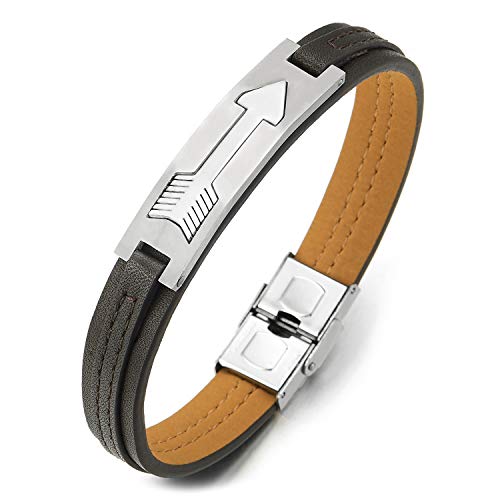 COOLSTEELANDBEYOND Herren Jungen Edelstahl Pfeil ID Identifizierung Geschichtet Braun Leder Armband Armreif mit Schließe von COOLSTEELANDBEYOND