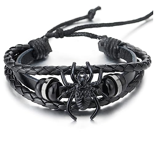 COOLSTEELANDBEYOND Herren Spinne Schwarz Geflochtenes Leder Armband Multi-Strang Leder Wickeln Schweißband Armband von COOLSTEELANDBEYOND