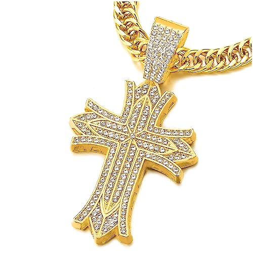 COOLSTEELANDBEYOND Hip Hop Punk Halskette, Große Goldfarben Kreuz Anhänger Halskette mit Strass, für Herren Damen von COOLSTEELANDBEYOND