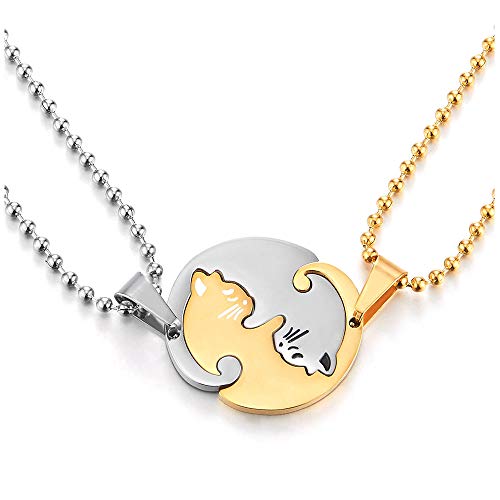 COOLSTEELANDBEYOND Katze Edelstahl Paire Collier d'Amour de Couples - Amoureux Collier Homme Femmes Amis - Argent Gold von COOLSTEELANDBEYOND