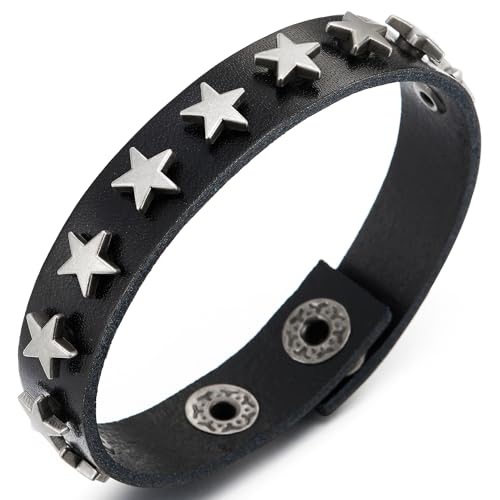 COOLSTEELANDBEYOND Konvex Stern Nieten Schwarz Leder Armband, Punk-Rock-Biker, Herren Damen Schweißband, Schließe von COOLSTEELANDBEYOND