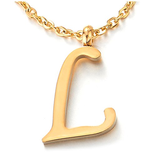 COOLSTEELANDBEYOND Name Initiale Alphabet Buchstaben L Anhänger Edelstah Halskette für Damen Herren Farbe Gold mit 50cm Stahl Seil-Kette von COOLSTEELANDBEYOND