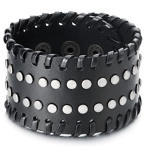 COOLSTEELANDBEYOND Nieten Leder-Armband, Herren Schwarze Echtem Breiten Geflochtene Leder Schweißband Armreif Armband, Punk Rock von COOLSTEELANDBEYOND