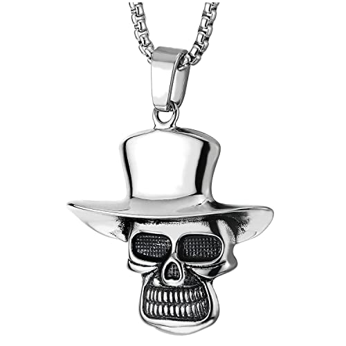 COOLSTEELANDBEYOND Punk Rock Cowboy Schädel Anhänger, Herren Damen Edelstahl-Halskette mit 75cm Weizen-Kette von COOLSTEELANDBEYOND