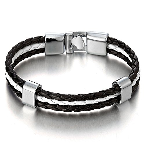 COOLSTEELANDBEYOND Schwarz Weiß DREI Reihen Geflochtenes Lederarmband für Damen Herren, Wickeln Schweissband Schweißband von COOLSTEELANDBEYOND