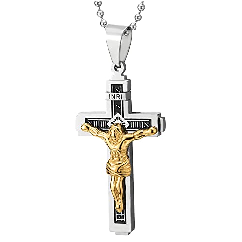 COOLSTEELANDBEYOND Silber Gold Kruzifix Kreuz Anhänger INRI Jesus Christus Herren Damen Halskette Edelstahl Schwarzer Emaille Stripes von COOLSTEELANDBEYOND