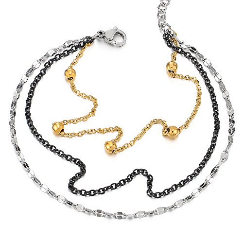 COOLSTEELANDBEYOND Silber Gold Schwarz Edelstahl Drei Reihen Damen-Fußkette Fußkettchen mit Charms Baumelnde Wulst von COOLSTEELANDBEYOND