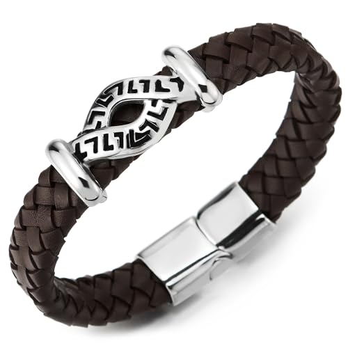 COOLSTEELANDBEYOND Unendlich Knoten Braun Leder Armband Echtem Geflochtenes, Leder Schweißband, Edelstahl, für Herren Damen von COOLSTEELANDBEYOND