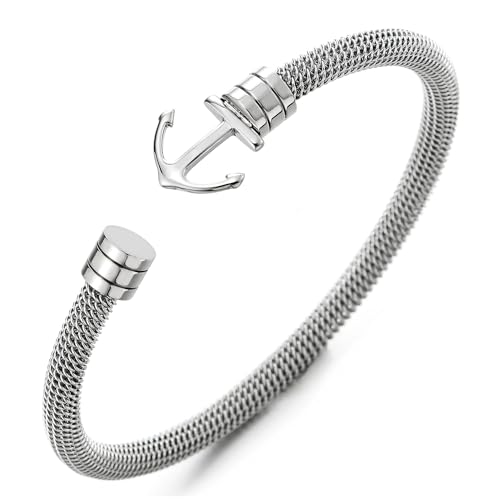 COOLSTEELANDBEYOND Unisex Dünne Edelstahl Marine Anker Gitter Kabel Armreif Armband für Herren Damen, Poliert, Elastische Verstellbare von COOLSTEELANDBEYOND