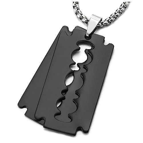 COOLSTEELANDBEYOND Zwei Stück Metall Rasierer Klinge Anhänger Halskette für Herren, Schwarz Farbe, mit 71cm Weizen-Kette, Rock Punk von COOLSTEELANDBEYOND