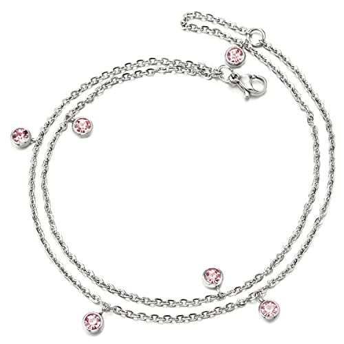 COOLSTEELANDBEYOND Zweireihige Edelstahl Damen-Fußkette Fußkettchen mit Baumelnde Kreis Charme von Rosa Solitaire Zirkonia von COOLSTEELANDBEYOND