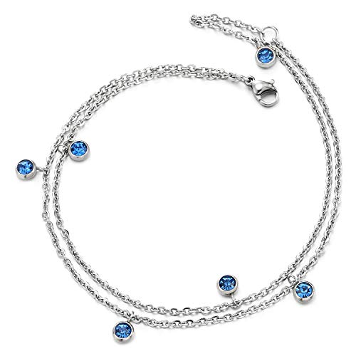 COOLSTEELANDBEYOND Zweireihige Edelstahl Damen-Fußkette Fußkettchen mit Baumelnde Kreis Charme von Solitaire Blau Zirkonia von COOLSTEELANDBEYOND