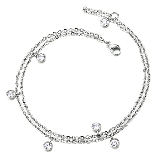 COOLSTEELANDBEYOND Zweireihige Edelstahl Damen-Fußkette Fußkettchen mit Baumelnde Kreis Charme von Solitaire Zirkonia von COOLSTEELANDBEYOND